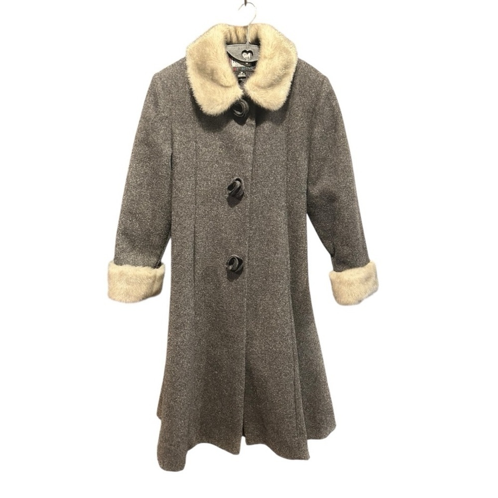 ROTHSCHILD Vintage Charcoal Gray Wool Coat Faux Fur Trim Rosettes EC Size 12